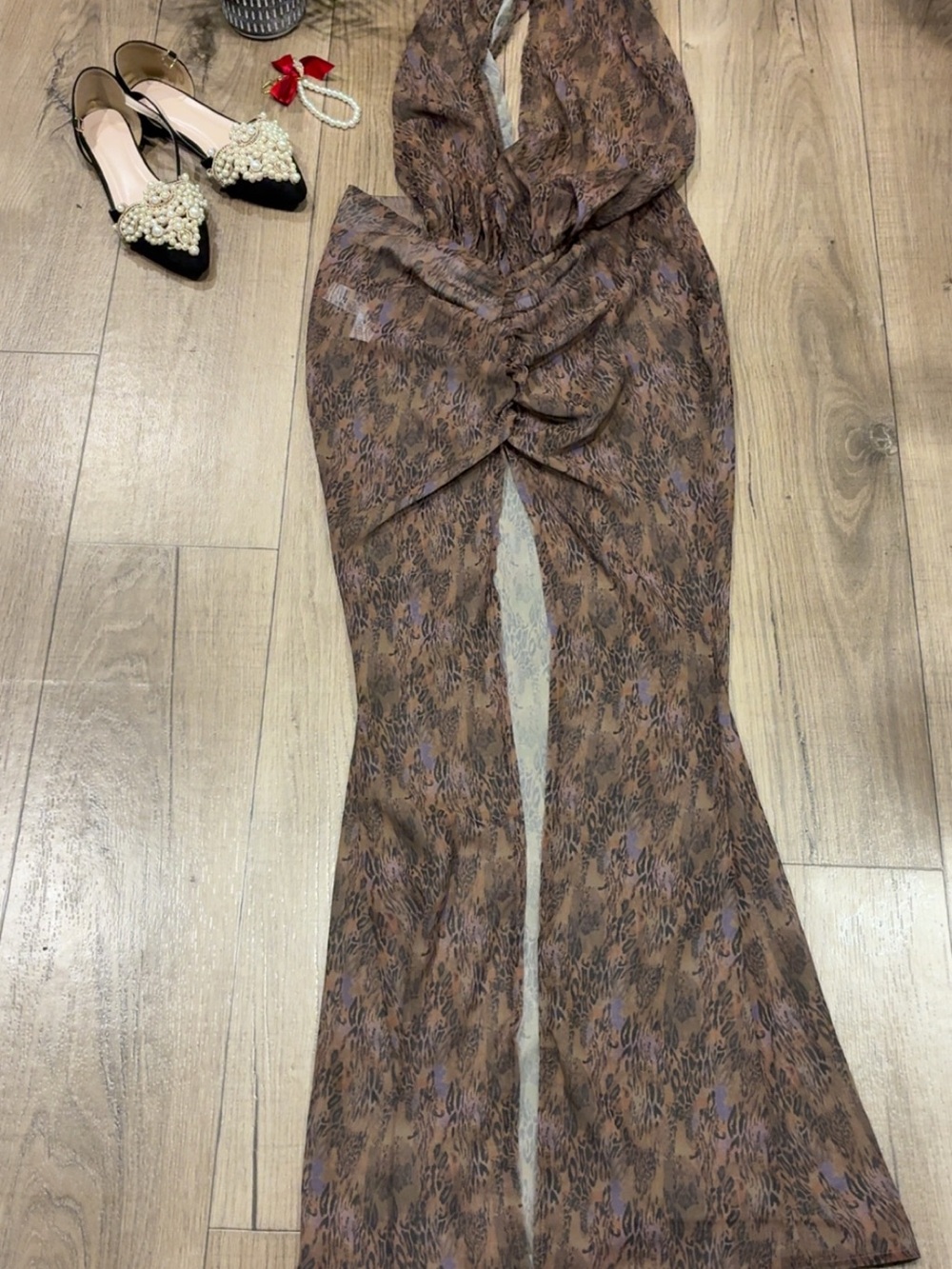 PrettyLittleThing Brown Printed Halter Flared Jumpsuit